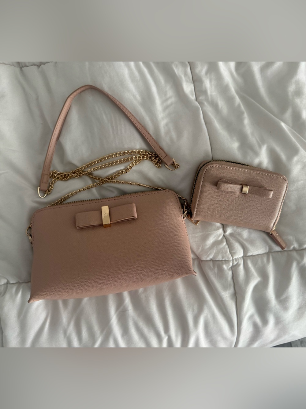 Blush Pink Bow Chain Crossbody Bag with Matching Wallet
